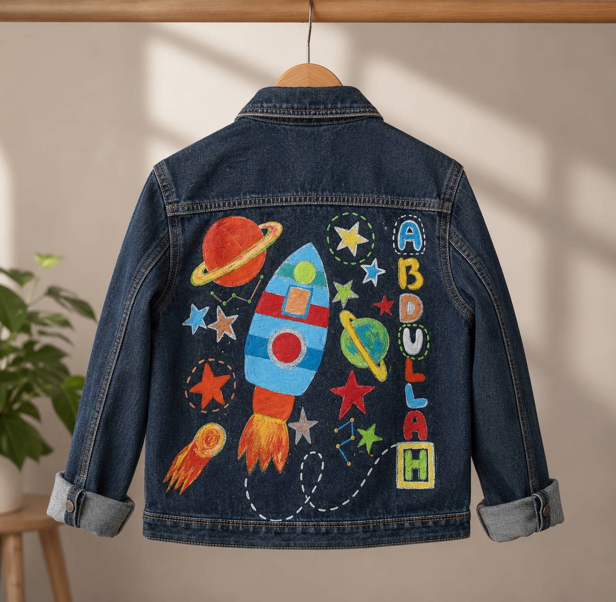 Hand-Painted Kids’ Denim Jacket – Space Adventure