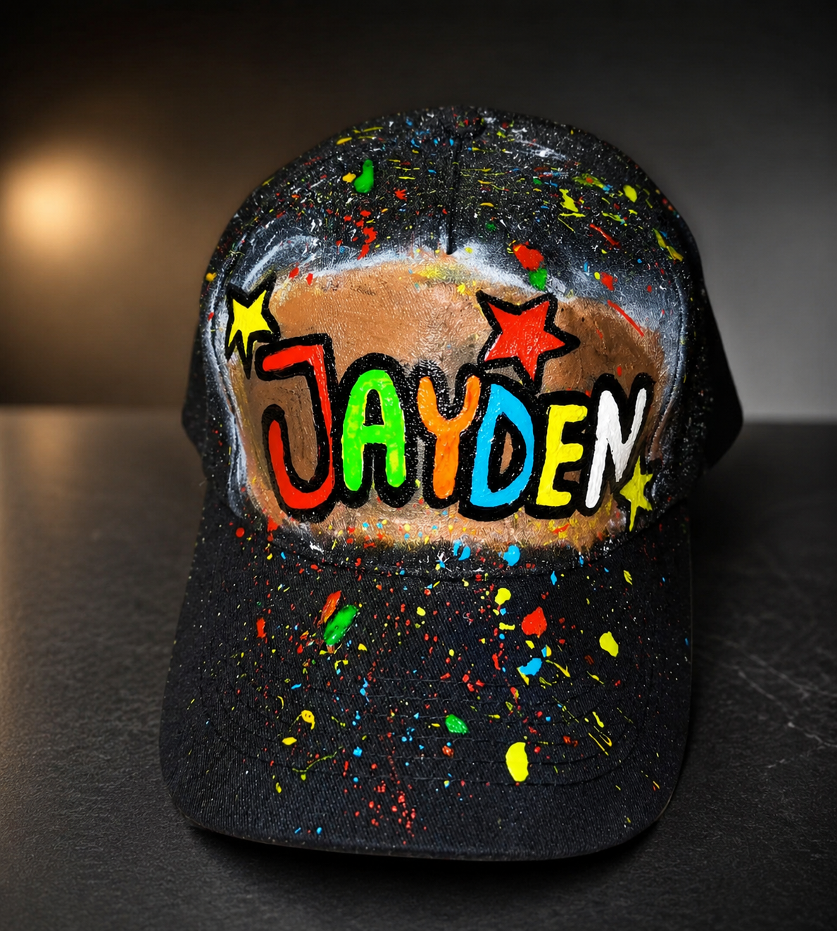 Personalized Black Denim Cap with Name – Colorful Artistic Style